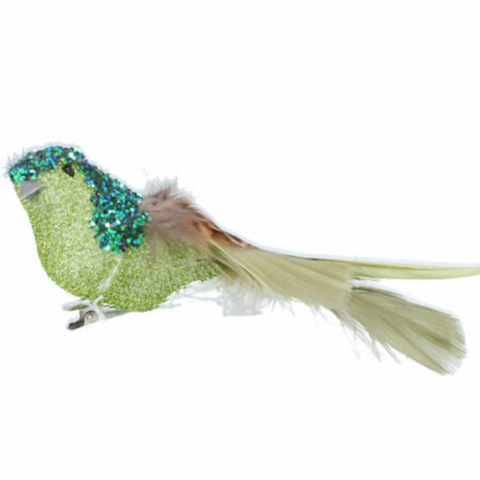 Green Glitter Feather Clip on Bird