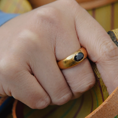 Nordic Muse Gold Black Onyx Stone Ring, Waterproof