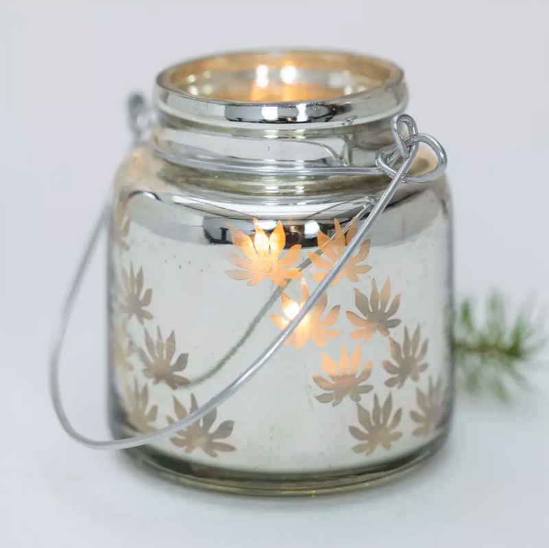 Antique Silver Etched Tealight Holder with Handle