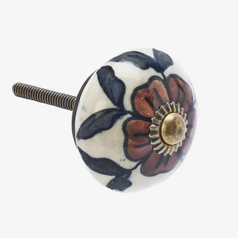 Hand Painted Stoneware Knob - Off White/Brown/Grey