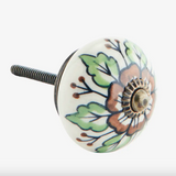 Hand Painted Stoneware Knob - Green/White/Brown