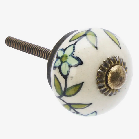 Hand Painted Stoneware Knob - Green Flowers