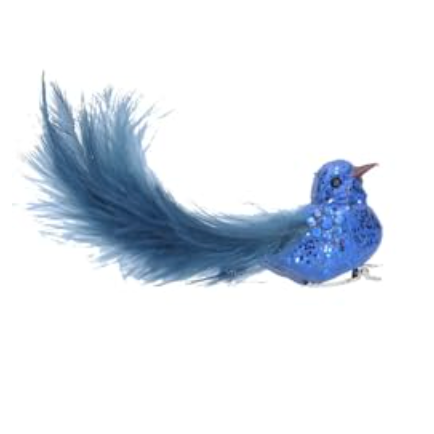 Natural Feather Clip on Blue Glitter Bird