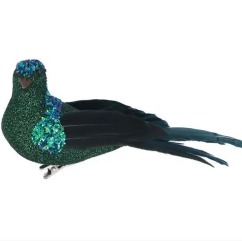 Natural Feather Clip on Blue/Green Glitter Bird