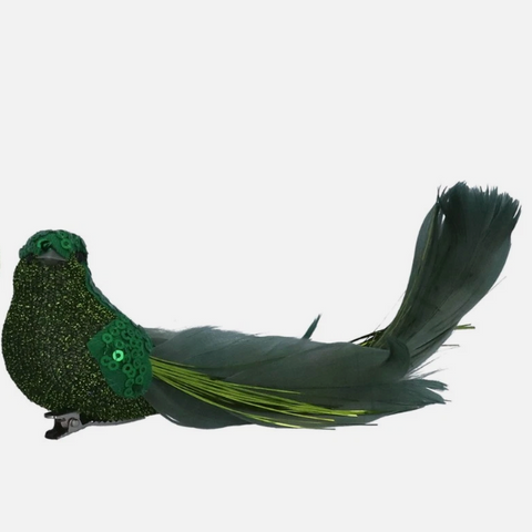 Natural Feather Clip on Green Glitter Bird