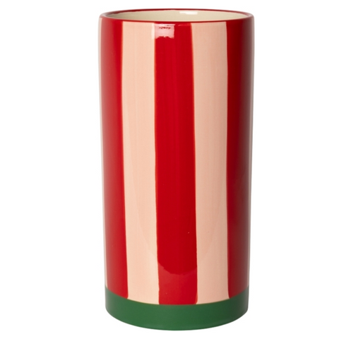 Tall Striped Ceramic Vase - Red Pink and Green