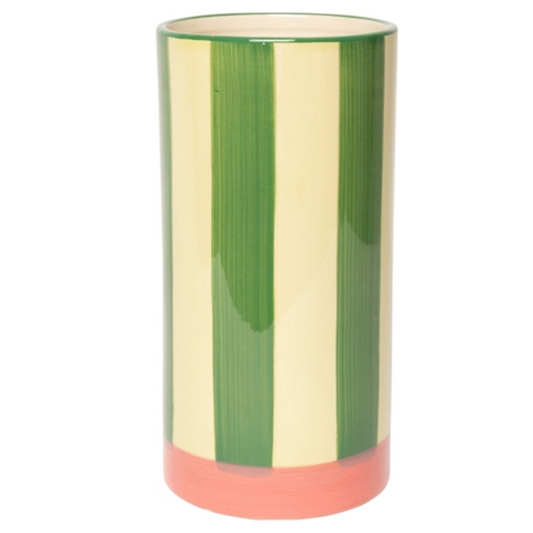 Tall Striped Ceramic Vase - Green and Rose