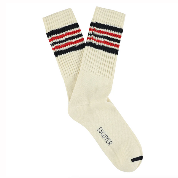 Escuyer 5 Stripes Mens Crew Socks Ecru/ Blue/ Red