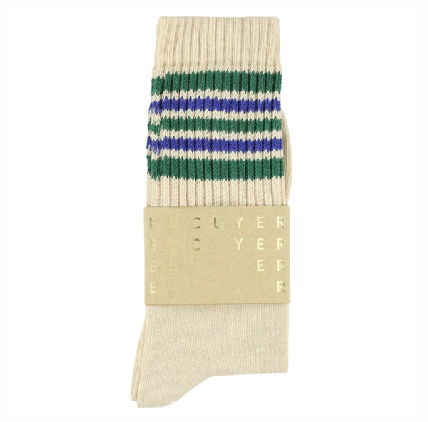 Escuyer 5 Stripes Crew Socks Ecru / Green / Blue
