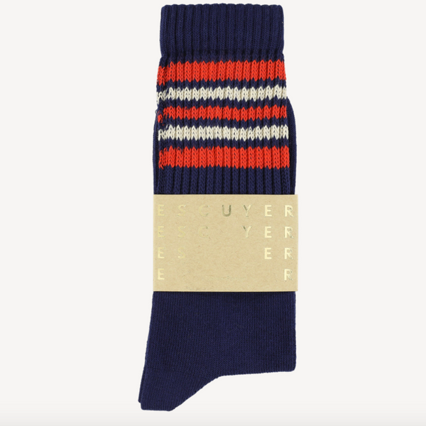 Escuyer 5 Stripes Crew Socks Blue / Orange / Ecru
