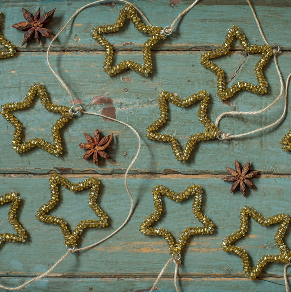 Antique Gold Glass Beaded Star Decoration