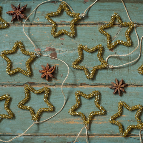Antique Gold Glass Beaded Star Decoration
