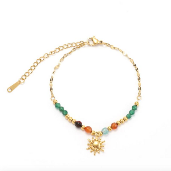 Natural Stone Bead & Sun Bracelet - Multi & Gold