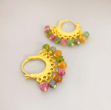 Hammered Hoop Earring - Purple & Green Beads