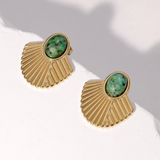 Natural Stone Shield Earring - Green & Gold