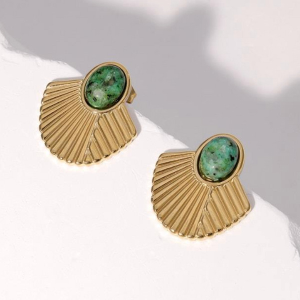 Natural Stone Shield Earring - Green & Gold
