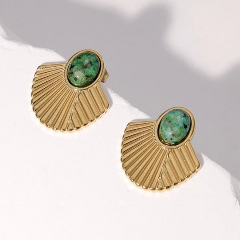 Natural Stone Shield Earring - Green & Gold