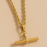 Gold Lunar T Bar Pendant Necklace Rope Twist Chain - Waterproof