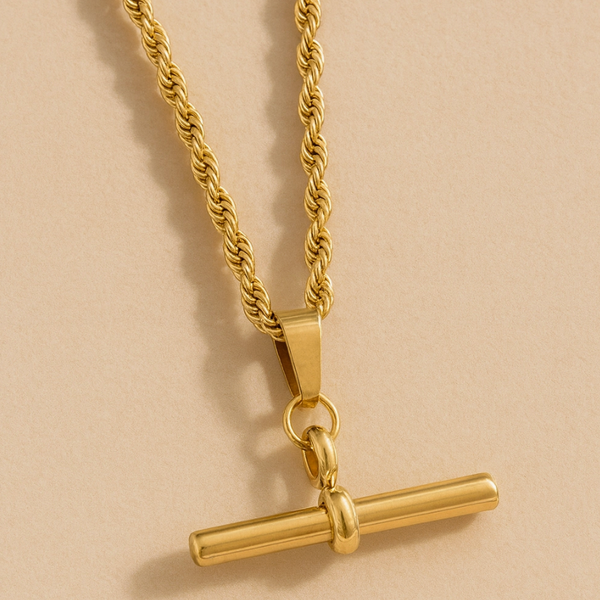 Gold Lunar T Bar Pendant Necklace Rope Twist Chain - Waterproof