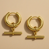 Gold Lunar T Bar Hoop Earrings - Waterproof