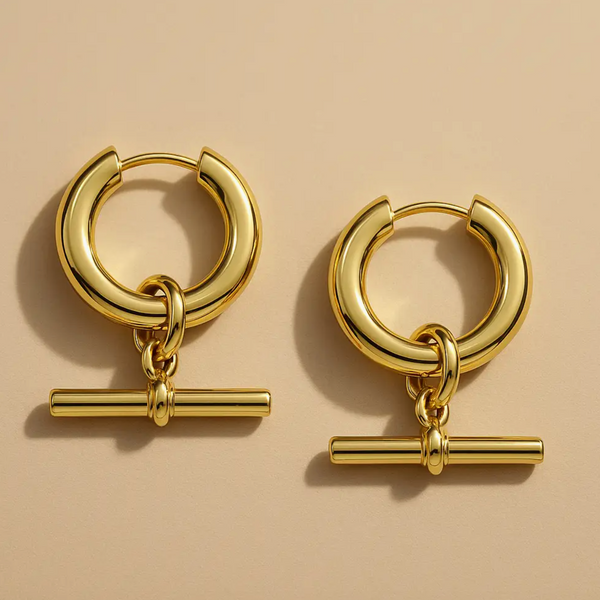 Gold Lunar T Bar Hoop Earrings - Waterproof