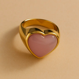 Gold Lunar Pink Cat's Eye Gemstone Heart Ring - Waterproof