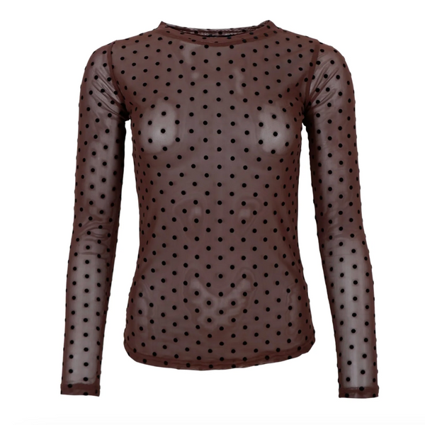 Black Colour Jennie Brown polka dot long-sleeve top on a white background