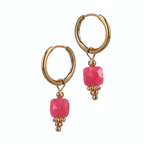 Hot Tomato Stone Drop Cluster Hoops - Fuschia