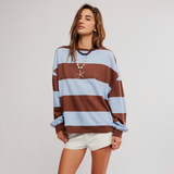 Free People Classic Striped Oversized Crewneck - Periwinkle Combo