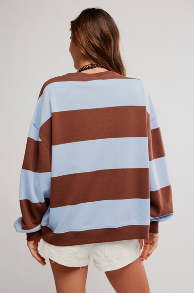 Free People Classic Striped Oversized Crewneck - Periwinkle Combo