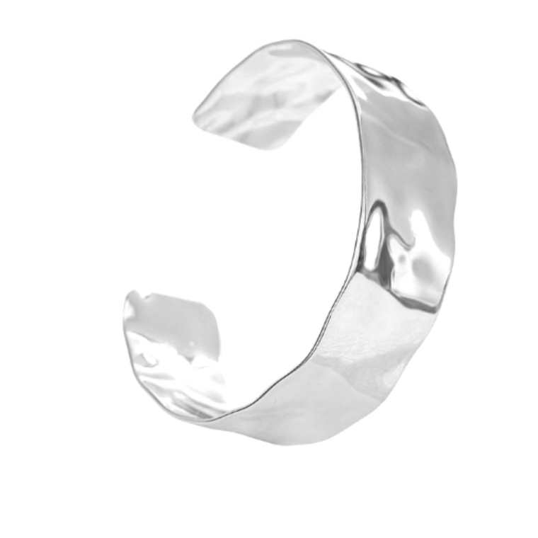 White Leaf Mishape Cuff Bracelet - Polished Silver