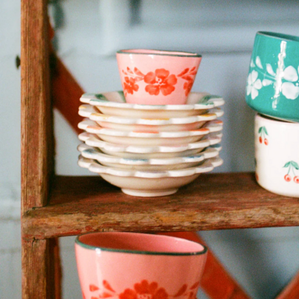 Pink Hand Painted Flower Vine Extra Small Oval Ceramic Espresso Cup