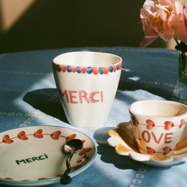 Cream Oval Ceramic Cup Hand Painted Merci