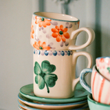 Cream Ceramic Mug Hand Painted Good Luck Clover
