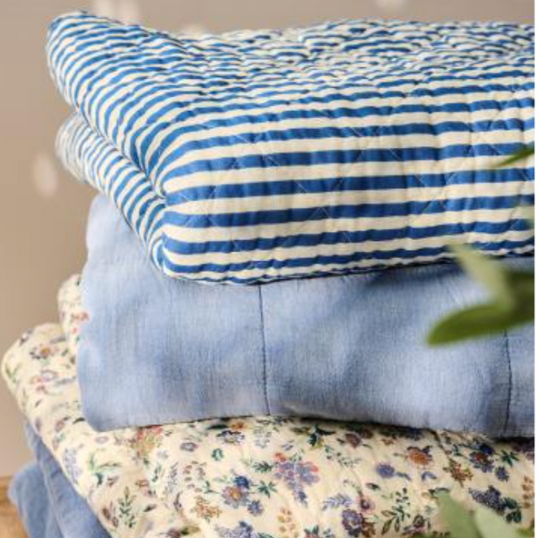 Cotton Quilt With Blue and Off White Stripes
