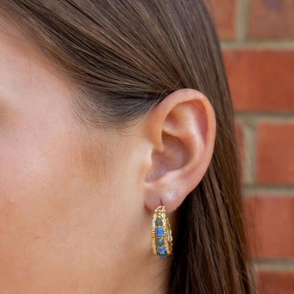 Consortium Intricate Detail Hoop Earrings With Natural Stone Beads In Blues