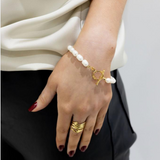 White Leaf Freshwater Pearl T-Bar Bracelet - Gold