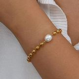 White Leaf Gold Beaded Bracelet With Freshwater Pearl Detail