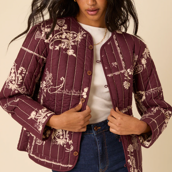 Nobody's Child Burgundy Floral Reversible Quilted Jacket