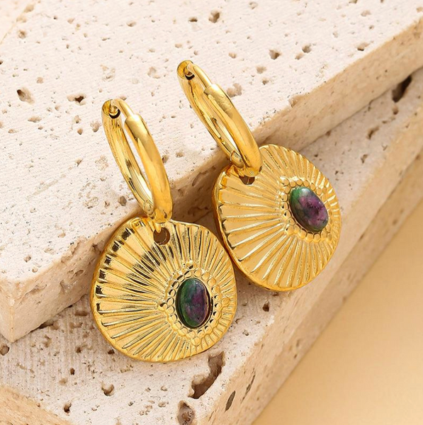 Stone Inset Disc Drop Earring - Gold