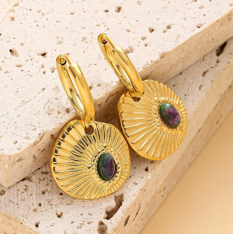 Stone Inset Disc Drop Earring - Gold