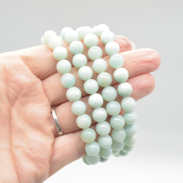 Semi Precious Gemstone Round Beaded Bracelet - Amazonite on hand