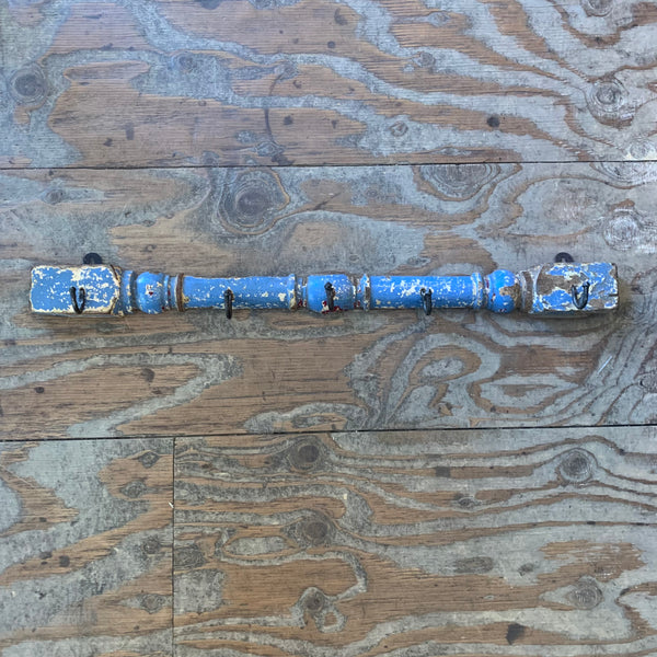 Set of 5 Vintage Hooks on a Blue Painted Balustrade