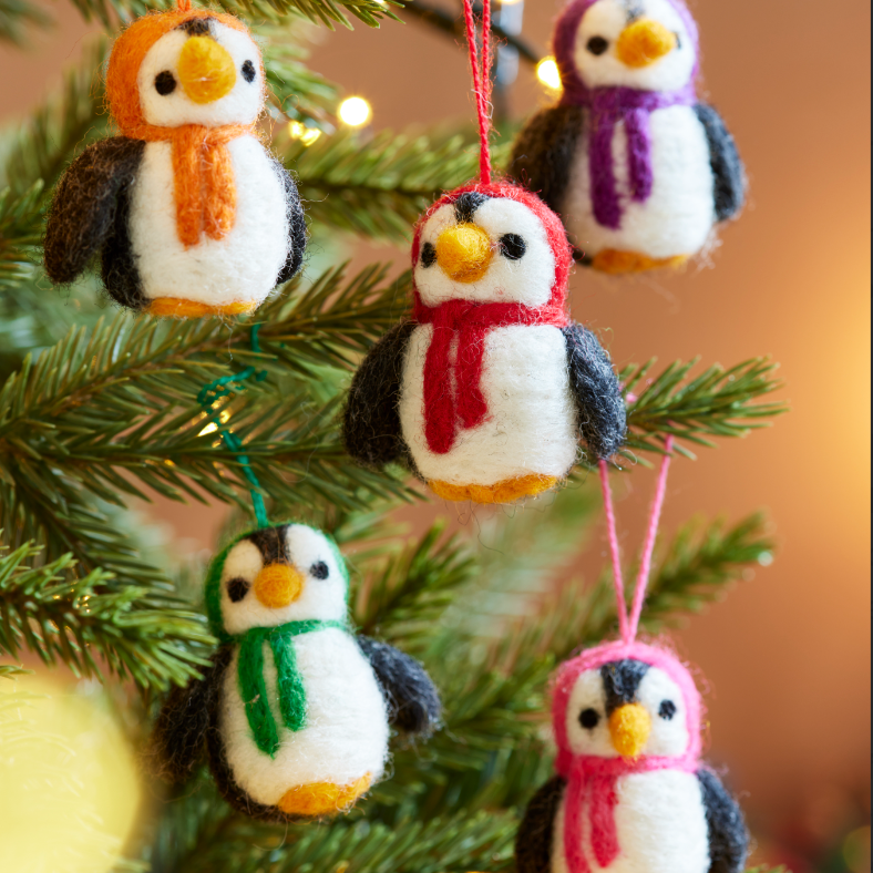 Set of 6 Mini Hanging Felt Penguin Decorations