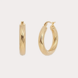 Gold hoop earrings on a light gray background