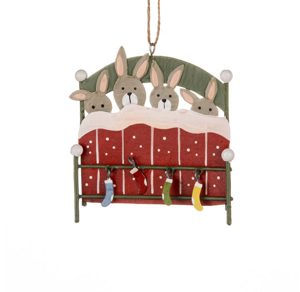 Shoeless Joe Bunnies in Bed Red Blanket Decoration