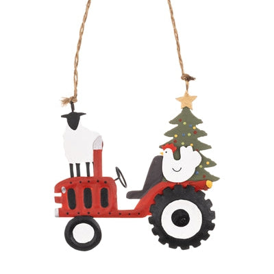 Decorative hanging ornament with a red tractor, black cat, and Christmas tree on a white background