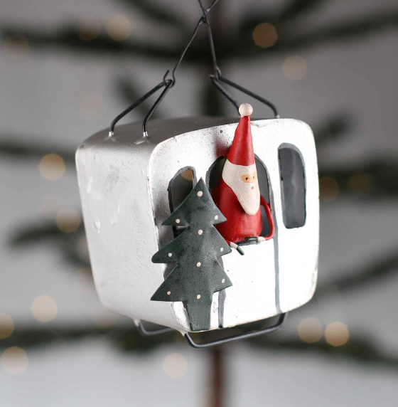 Shoeless Joe Silver Cable Car Santa Decoration