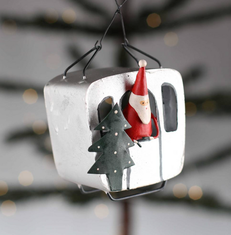 Shoeless Joe Silver Cable Car Santa Decoration