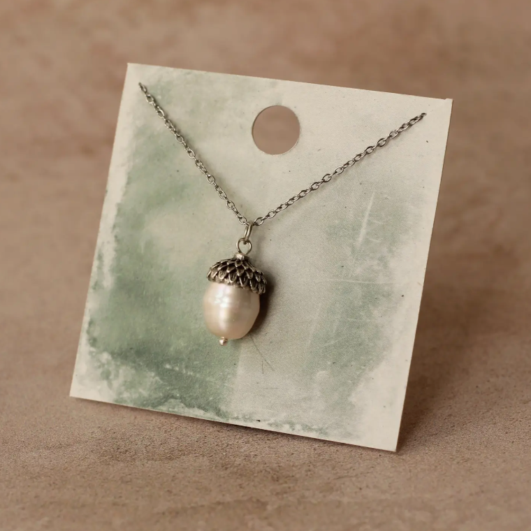 Silk Purse, Sow's Ear Freshwater Pearl Silver Acorn Necklace on Card
